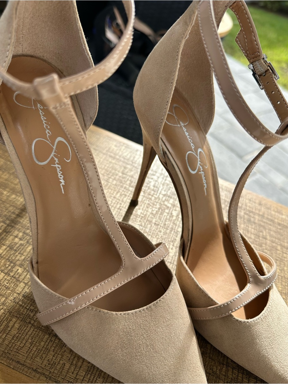 Jessica Simpson Nude/Tan Pointed Toe T-Strap Stiletto Heels